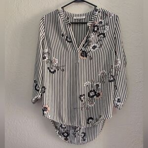 Black Rainn Vertical Stripe Tunic with Blush Floral Accents